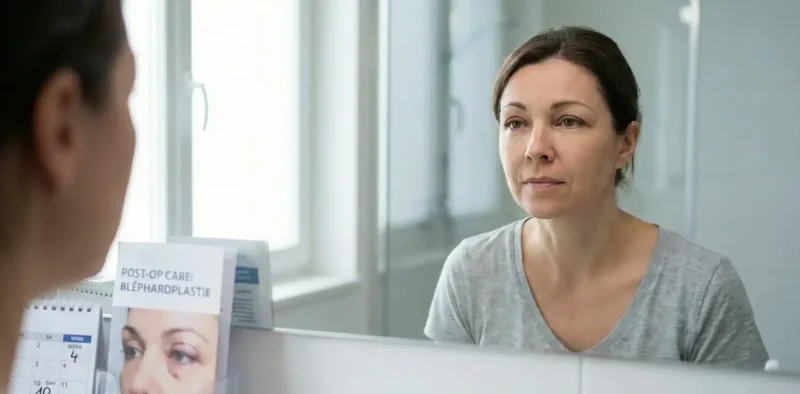 Femme observant son regard dans un miroir après une blépharoplastie