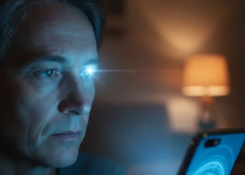 Un homme regardant l'écran de son smartphone le soir