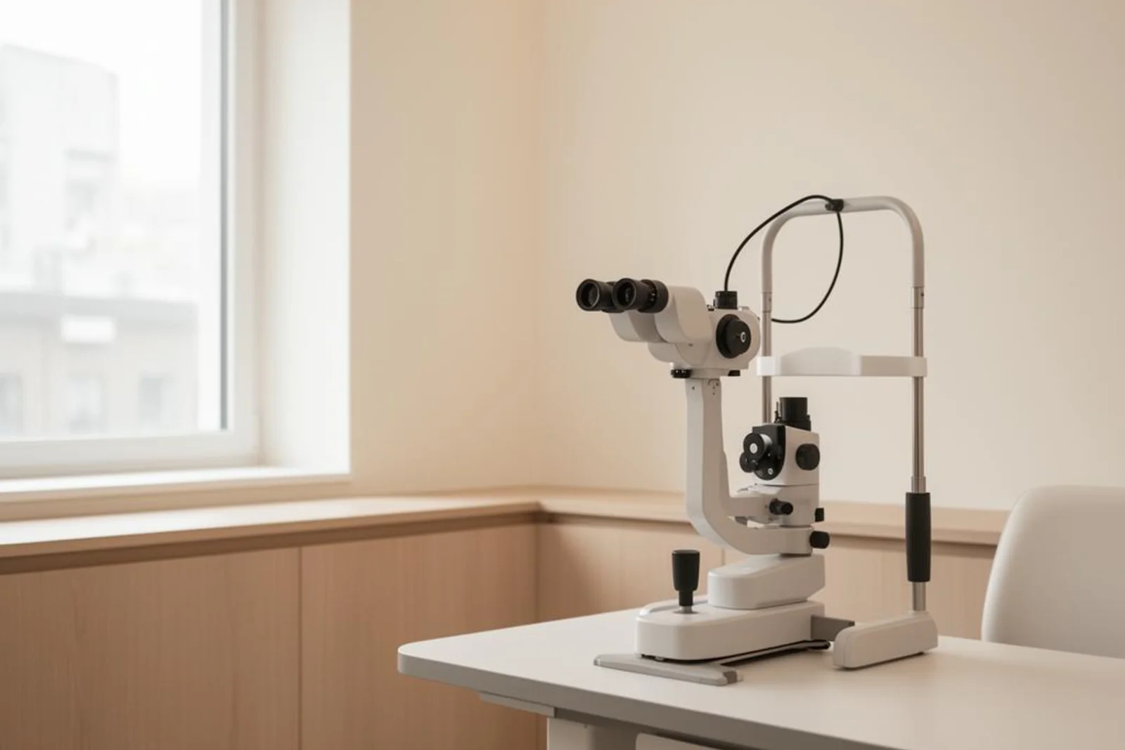 Vue d’un cabinet d’ophtalmologie épuré, lumière naturelle